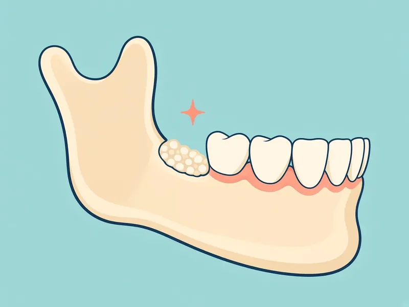Gentle cartoon diagram of new bone material filling a gap in the jawbone