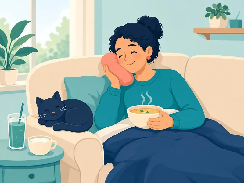 Cartoon person relaxing on a couch with soup and a cold pack while recovering